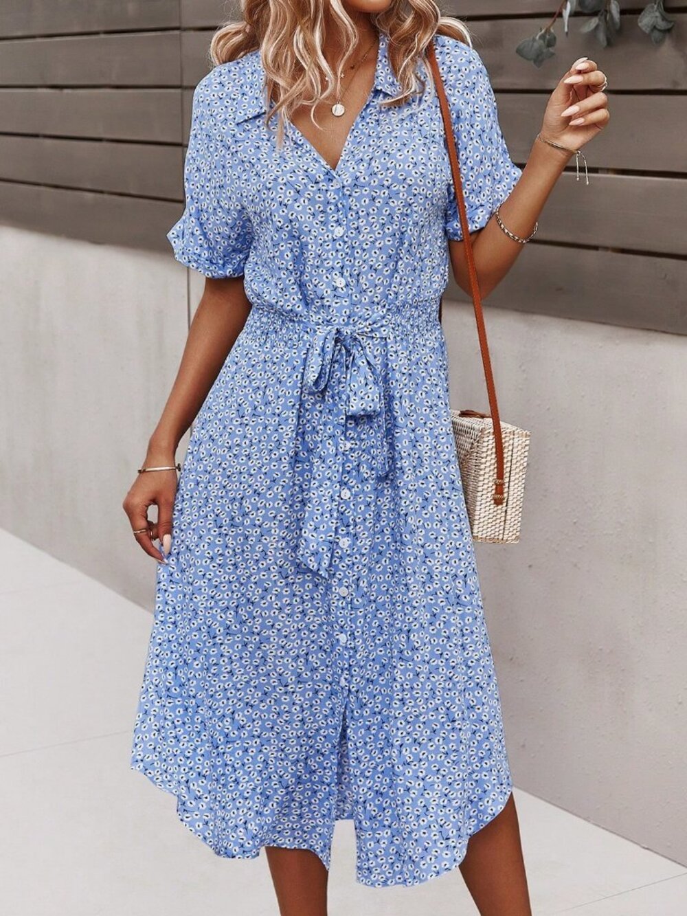 Baby Blue Casual Women's Ditsy Floral Print Batwing Sleeve Belted Shirt Dress - Picture 3 of 8